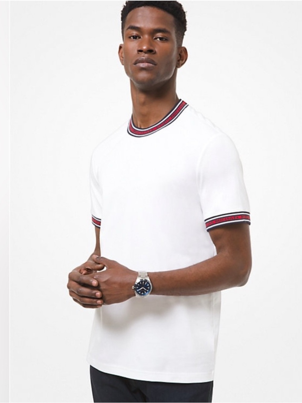 Michael Kors White Short Sleeve Crew with Navy and Red Logo Trim